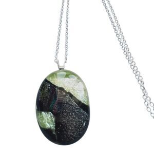 Black Green Dichroic Glass Pendant Sterling Silver Chain #7012